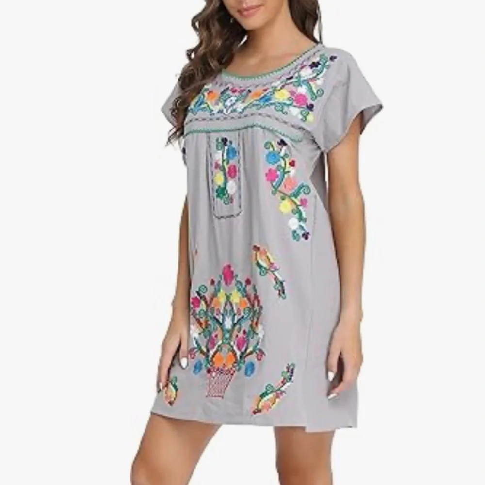 YZXDORWJ Women Mexican Embroidered Floral Dress Short Sleeve Size 2XL - Picture 3 of 15